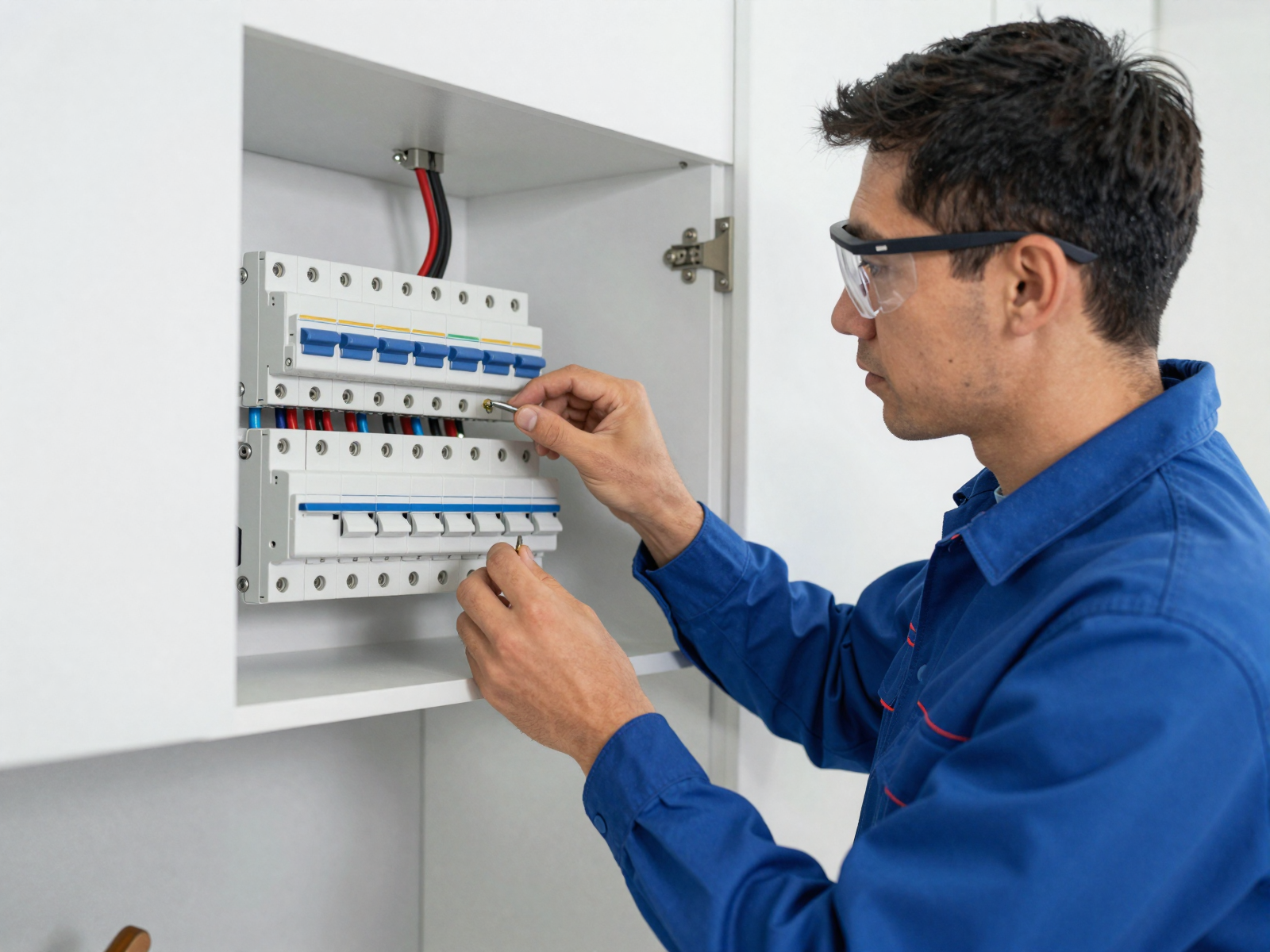 Electrician inspecting circuit breaker panel